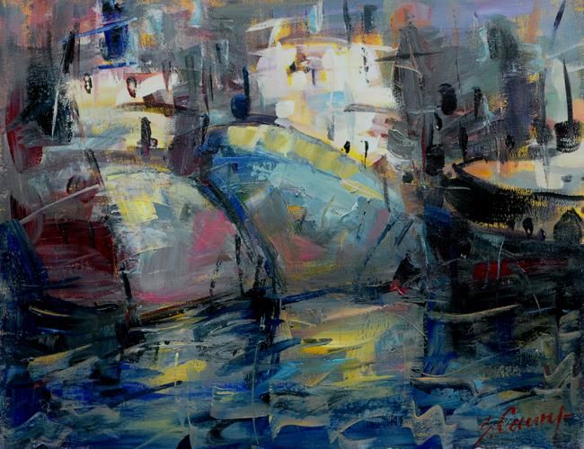 Malerei mit dem Titel "Fishing- boats in t…" von Sarmite Caune, Original-Kunstwerk