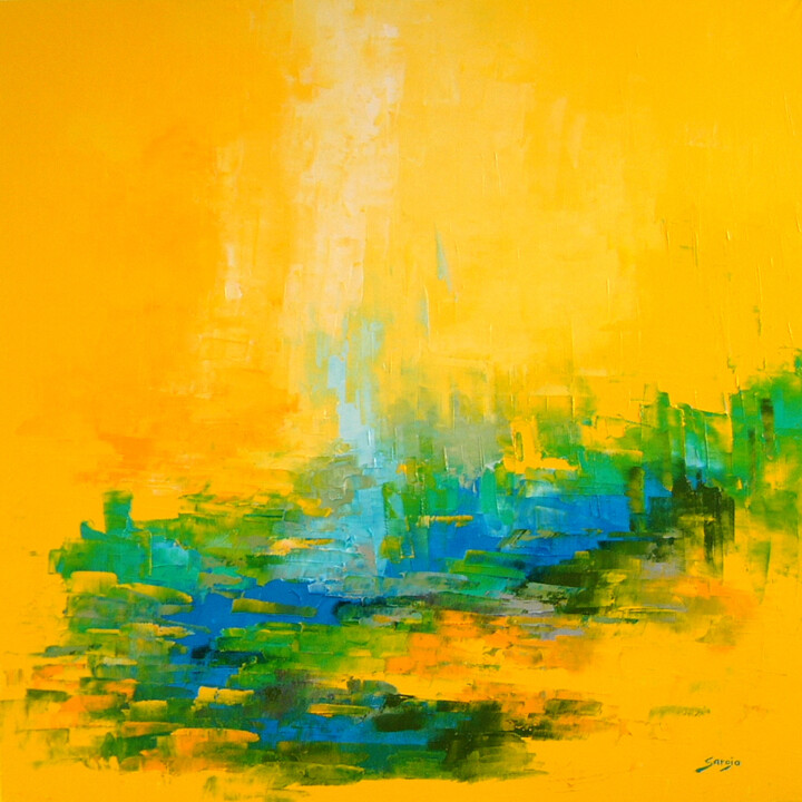 「1055-70Q Yellow Ope…」というタイトルの絵画 Sarojaによって, オリジナルのアートワーク, オイル ウッドストレッチャーフレームにマウント