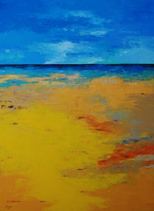Painting titled "Yellow Beach I (ref…" by Saroja, Original Artwork, Oil Mounted on Wood Stretcher frame