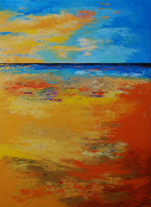 Painting titled "Yellow Beach III (r…" by Saroja, Original Artwork, Oil Mounted on Wood Stretcher frame