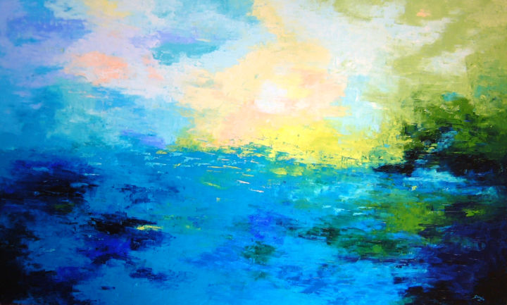 Painting titled "Blue Seascape (948-…" by Saroja, Original Artwork, Oil Mounted on Wood Stretcher frame