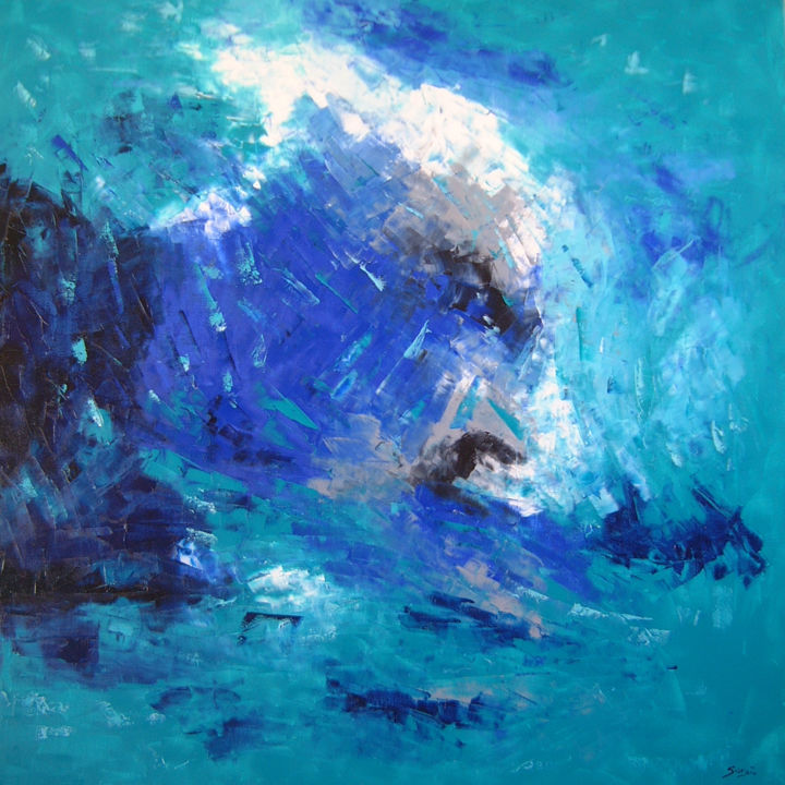 Painting titled "Turmoil Turquoise (…" by Saroja, Original Artwork, Oil Mounted on Wood Stretcher frame