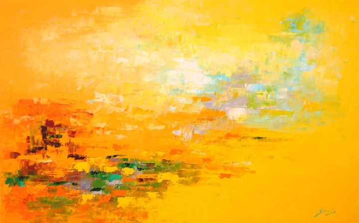 「Yellow Landscape (8…」というタイトルの絵画 Sarojaによって, オリジナルのアートワーク, オイル ウッドストレッチャーフレームにマウント