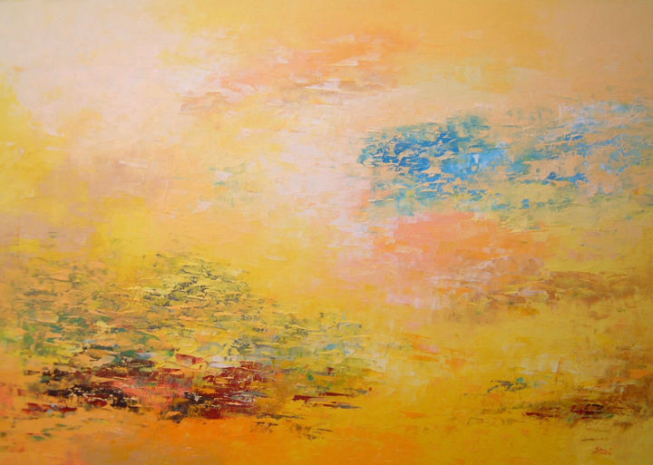 Painting titled "Big Yellow Landscap…" by Saroja, Original Artwork, Oil Mounted on Wood Stretcher frame