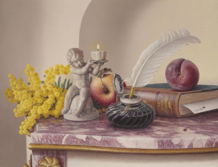 Peinture intitulée "La plume enchantée !" par Abdolreza Sarrafi, Œuvre d'art originale, Huile Monté sur Châssis en bois