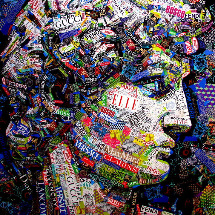 Collages getiteld "David's Curls" door Sasha Bom, Origineel Kunstwerk, Collages Gemonteerd op Frame voor houten brancard