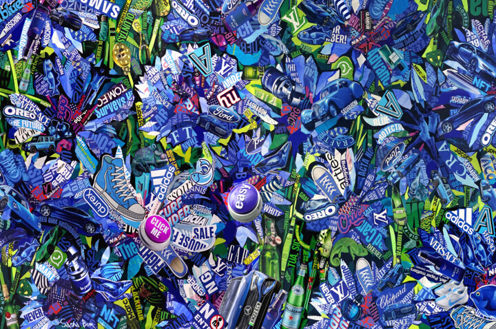 Painting titled "CORNFLOWERS GALORE" by Sasha Bom, Original Artwork, Collages Mounted on Wood Stretcher frame