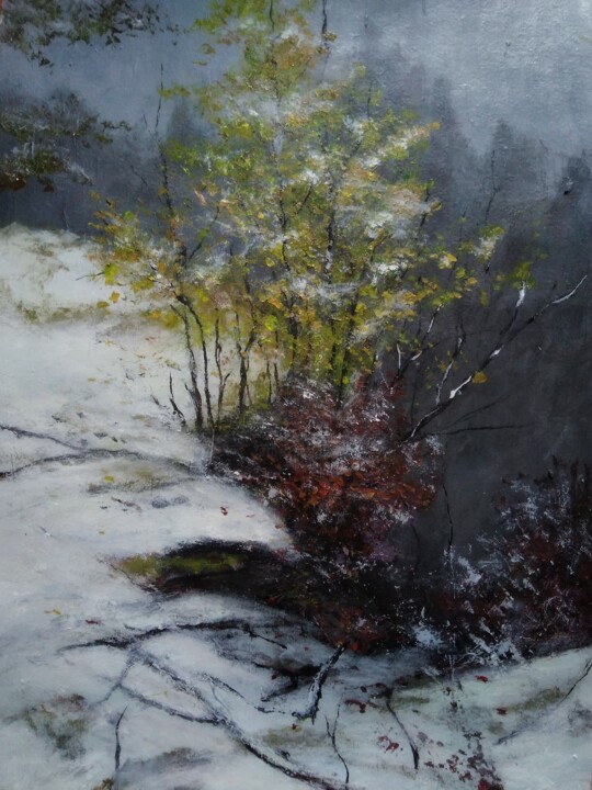 Malerei mit dem Titel "Winter snow landsca…" von Sasha Brisac, Original-Kunstwerk, Acryl