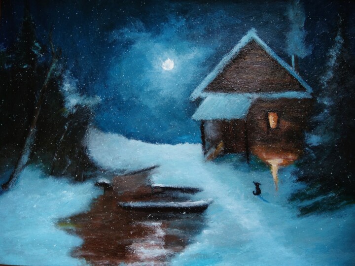 Painting titled "Snowy night winter,…" by Sasha Brisac, Original Artwork, Acrylic