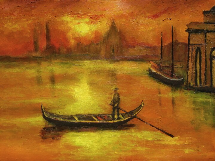 Картина под названием "Gondolier at the du…" - Sasha Brisac, Подлинное произведение искусства, Акрил