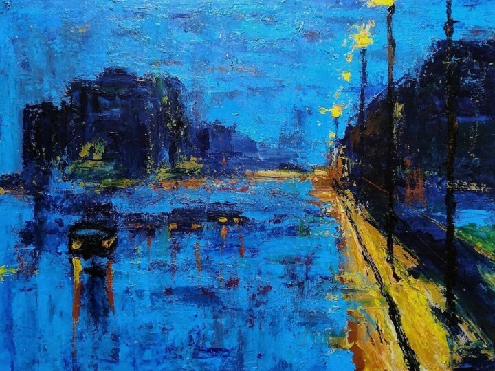 Painting titled "Blue cityscape" by Sasha Brisac, Original Artwork, Acrylic