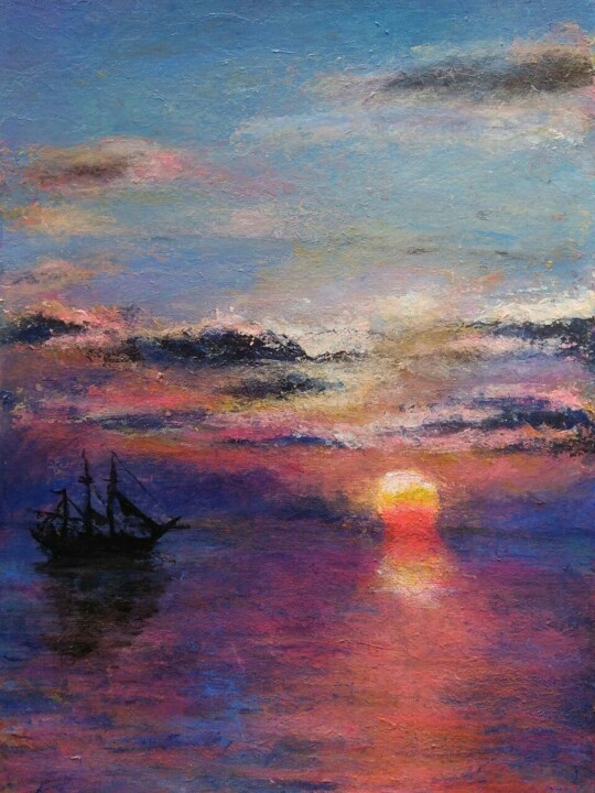 Schilderij getiteld "Sunrise, Black sea" door Sasha Brisac, Origineel Kunstwerk, Acryl