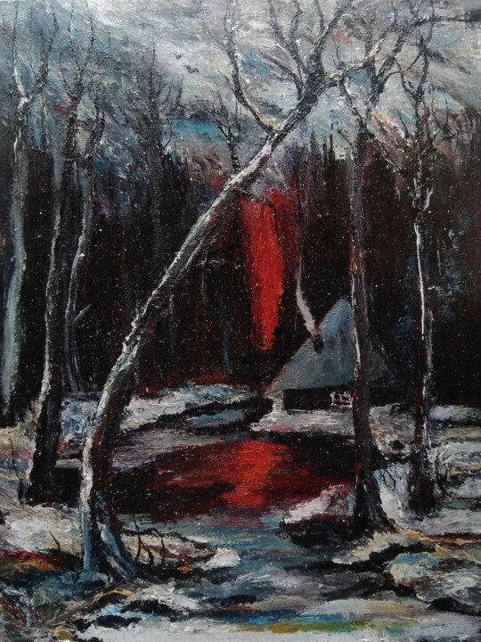 Peinture intitulée "Red winter  evening" par Sasha Brisac, Œuvre d'art originale, Acrylique