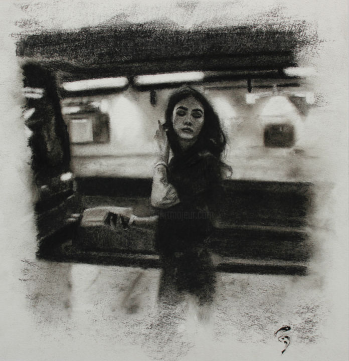 Dessin intitulée "Subway wind" par Sasha Ivanov, Œuvre d'art originale, Fusain