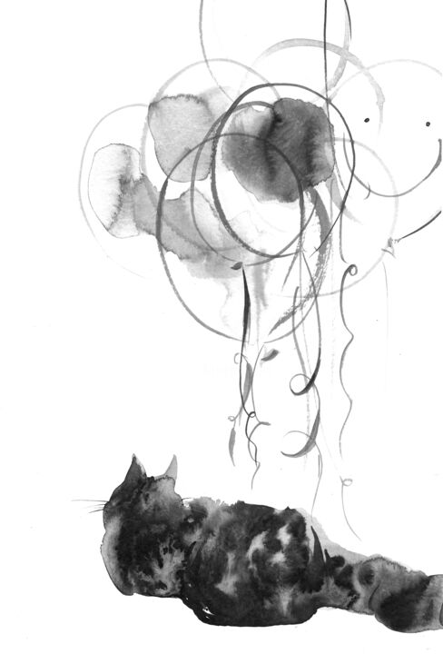 Drawing titled "balloons and paws" by Sasha Kashanskaya, Original Artwork, Ink