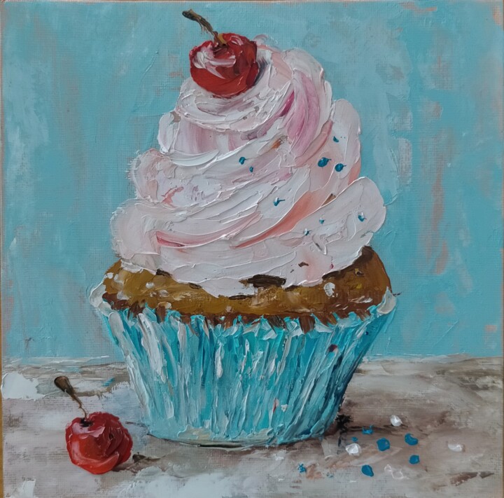 Painting titled "Cupcake" by Sasha Savona, Original Artwork, Oil Mounted on Cardboard
