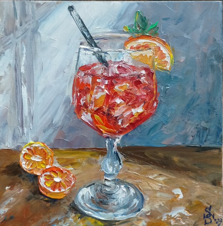 Painting titled "Aperol Spritz" by Sasha Savona, Original Artwork, Oil Mounted on Cardboard