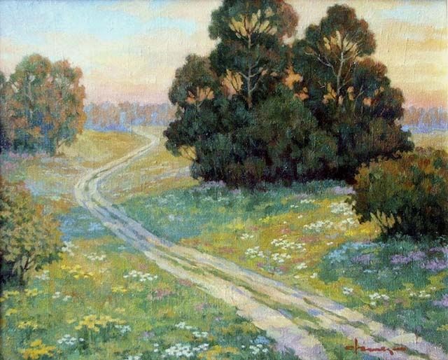 Painting titled "Evening road_ / Веч…" by Aleksander Fesechko (Sasha), Original Artwork