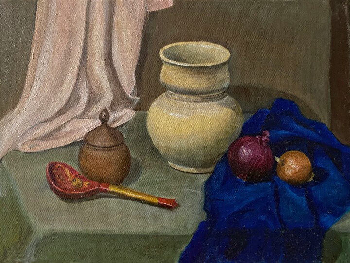 Painting titled "Beige Still Life" by Sasha Solomon, Original Artwork, Oil