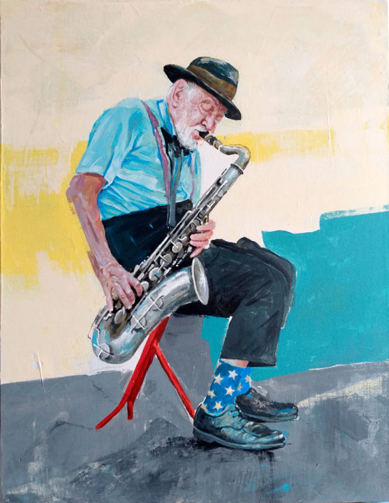 Painting titled "Street musician" by Sasho Violetov, Original Art, Acrylic