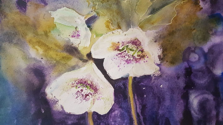 Pintura intitulada "Hellebores.." por Françoise Pinton Platen, Obras de arte originais, Aquarela