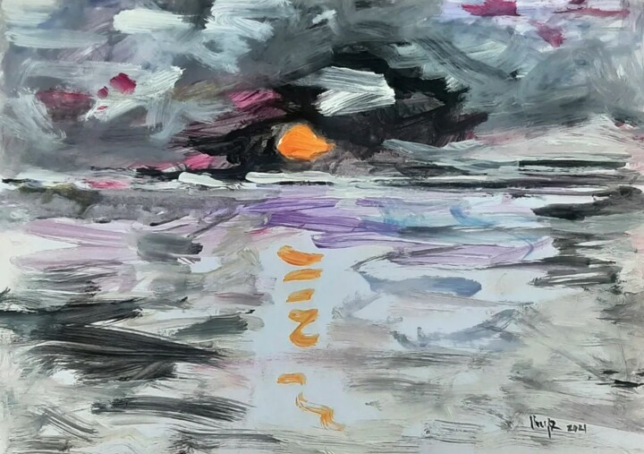 Картина под названием "Sunset in Sevan" - Satenik Hovhannisyan, Подлинное произведение искусства, Темпера