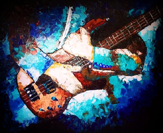 Painting titled "Bassiste" by Satyä (Daniele Boutier), Original Artwork, Oil Mounted on Wood Stretcher frame