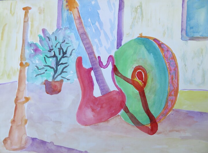Malerei mit dem Titel ""Musik" - Stilleben" von Satyam Art, Original-Kunstwerk, Aquarell
