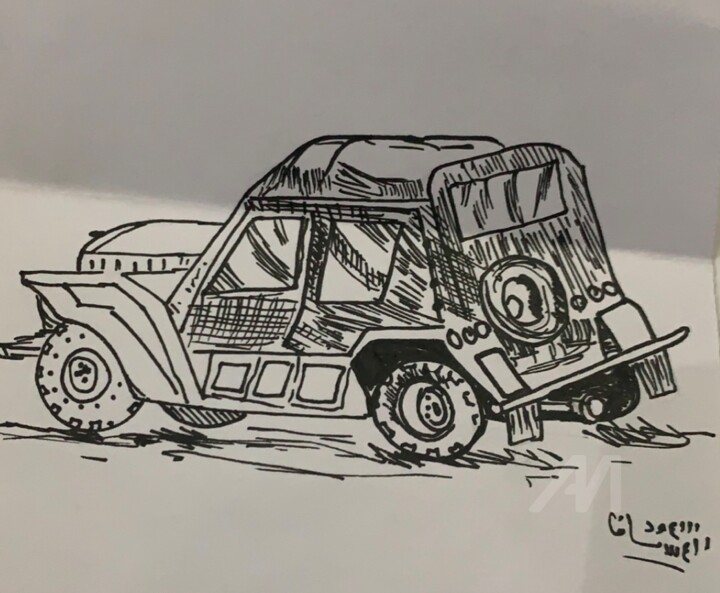 Dessin intitulée "Jeep" par Saud Ali Alassaf, Œuvre d'art originale, Encre