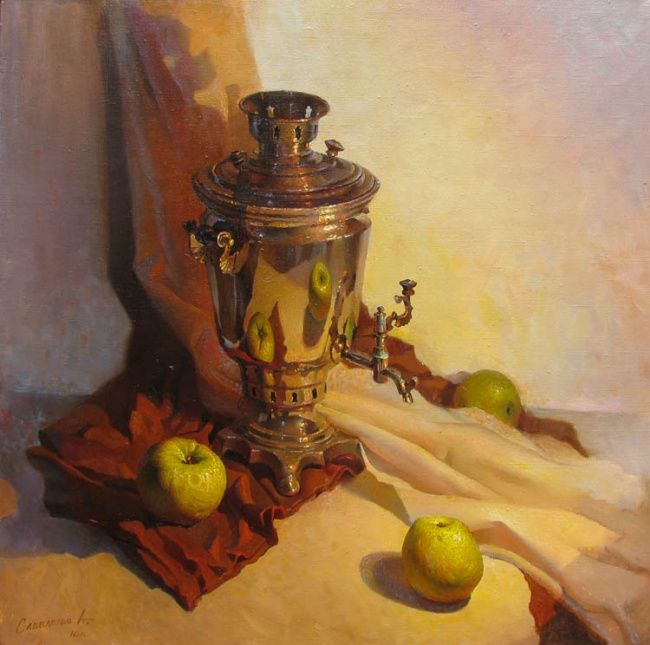 Картина под названием "Яблоки в самоваре" - Александр Савеленко, Подлинное произведение искусства, Масло