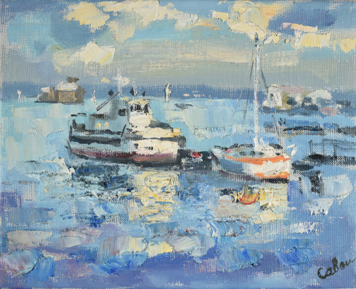 Картина под названием "Boat Painting Pier…" - Natalya Savenkova, Подлинное произведение искусства, Масло