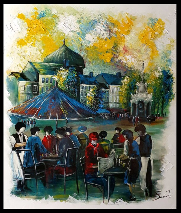 Schilderij getiteld "Apéro sur la place…" door Joseph Saverino, Origineel Kunstwerk, Acryl