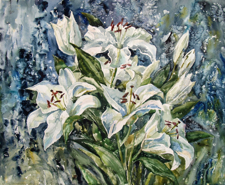 Schilderij getiteld "White lilies" door Roza Savinova, Origineel Kunstwerk, Aquarel