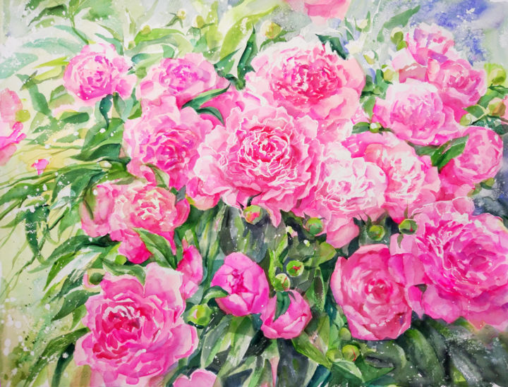 Painting titled "Bush of pink peonies" by Roza Savinova, Original Artwork, Watercolor