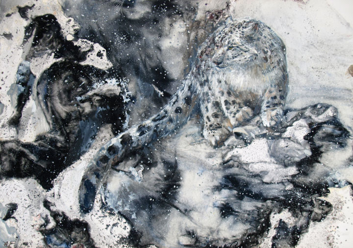 Peinture intitulée "Snow leopard" par Roza Savinova, Œuvre d'art originale, Monotype