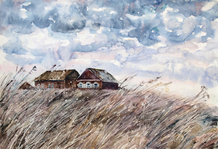 Painting titled "Village outskirts" by Roza Savinova, Original Artwork, Watercolor