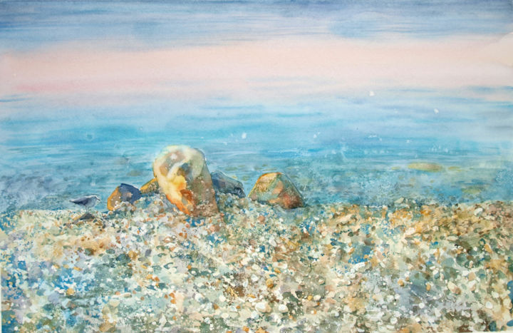 Painting titled "Gentle sea" by Roza Savinova, Original Artwork, Watercolor