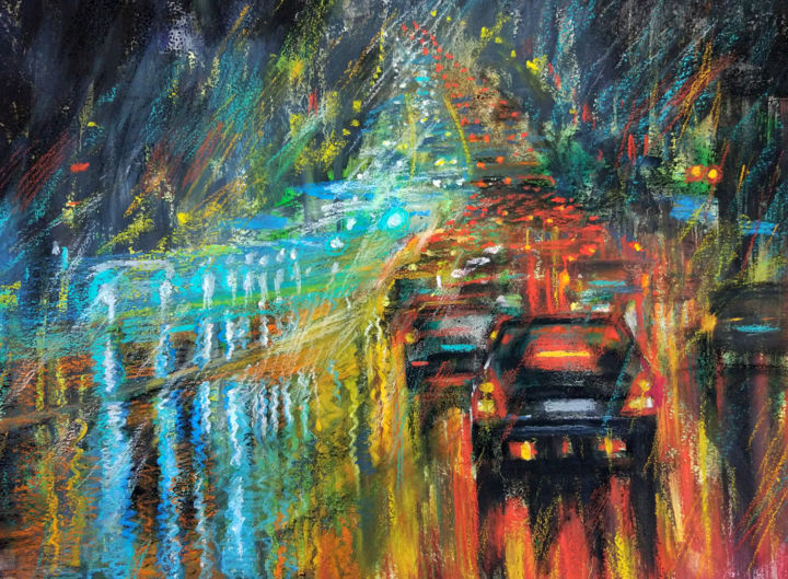Painting titled "Rain in the Night C…" by Roza Savinova, Original Artwork, Pastel