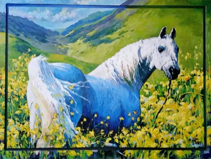 Peinture intitulée "Лето. Синяя лошадь" par Svetlana Savitskaya, Œuvre d'art originale, Laque Monté sur Panneau de bois