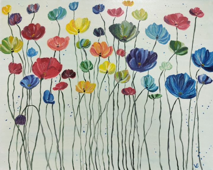 Картина под названием "Різнокольорові квіт…" - Vira Savka, Подлинное произведение искусства, Масло Установлен на Другая жест…