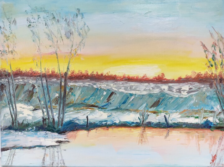 Картина под названием "Winter by the lake" - Vira Savka, Подлинное произведение искусства, Масло
