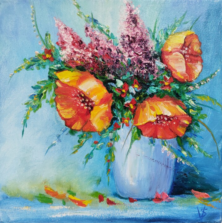Картина под названием "Poppies in a vase" - Vira Savka, Подлинное произведение искусства, Масло Установлен на Деревянная пан…