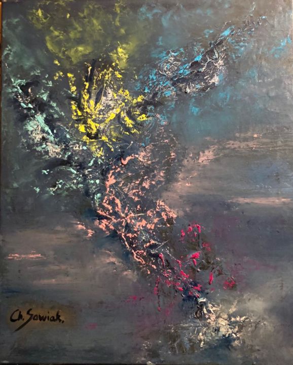 Pittura intitolato "Un éclair dans la n…" da Christelle Sawiak, Opera d'arte originale, Olio