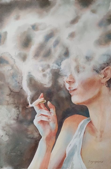 Painting titled "Deep" by Elena Sayapina, Original Artwork, Watercolor