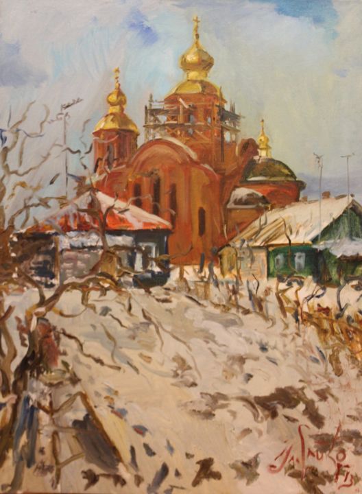 Peinture intitulée ""Первый снег в Несв…" par Uladzimir Saiko, Œuvre d'art originale, Huile