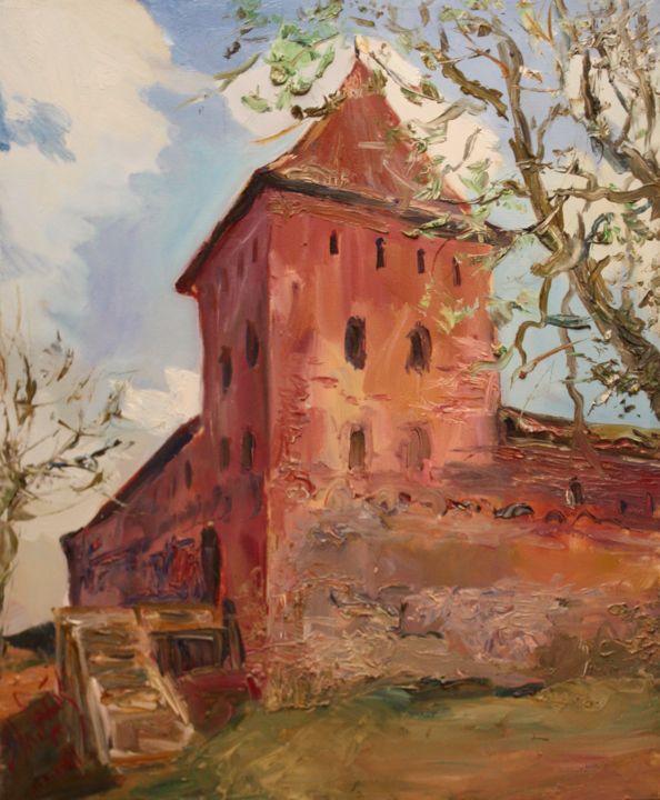 Painting titled "Башня Гедымина" by Uladzimir Saiko, Original Artwork, Oil