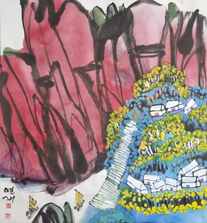 Schilderij getiteld "River between Mount…" door Sungbum Cho, Origineel Kunstwerk, Aquarel Gemonteerd op Houten paneel