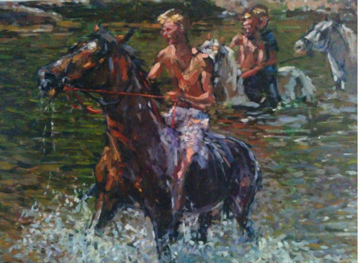 Painting titled "crossing the creek" by Sebastian Beianu, Original Artwork, Oil