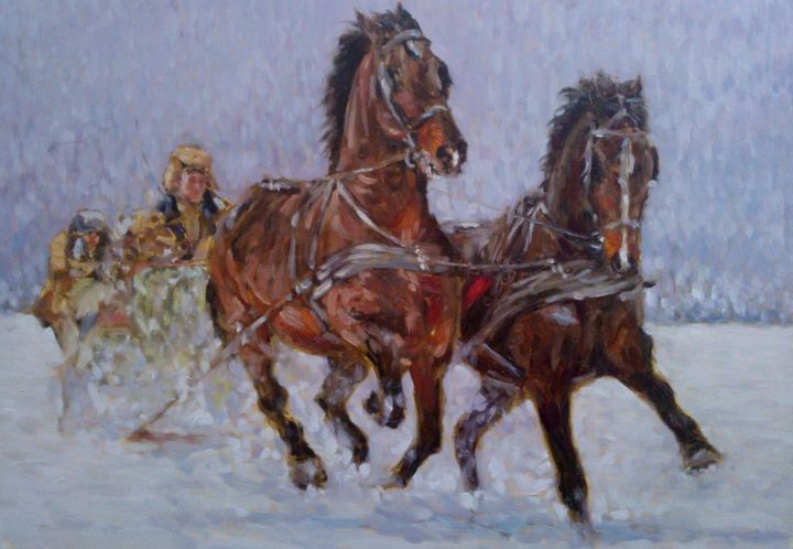 Painting titled "running in the snow" by Sebastian Beianu, Original Artwork, Oil