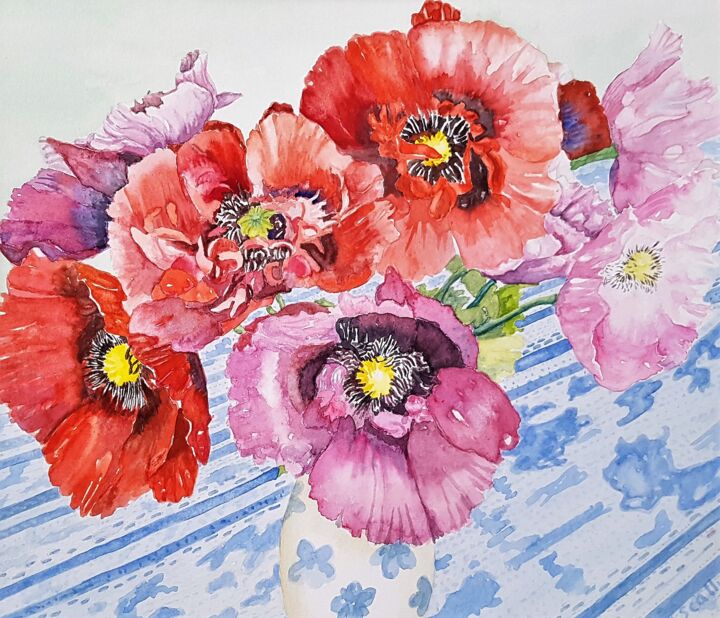 Pintura intitulada "Poppies from Liz" por Scally Art, Obras de arte originais, Aquarela